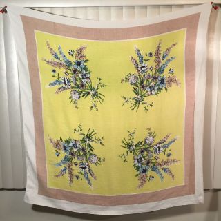 Vintage 1950s Flowers Floral Print Cotton Linen Kitchen Tablecloth Yellow Pink