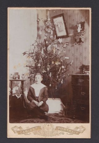 Cabinet Card Photo A Boy And Christmas Tree Scene