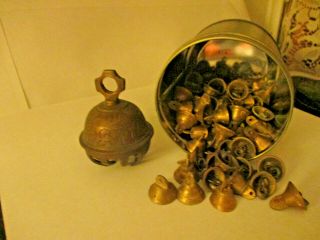 BRASS BELLS VINTAGE 76 SMALL BELLS 1 LARGE ETCHED ELEPHANT CLAW BELL 2