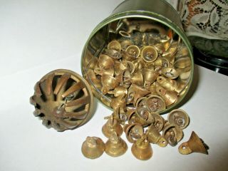 BRASS BELLS VINTAGE 76 SMALL BELLS 1 LARGE ETCHED ELEPHANT CLAW BELL 3