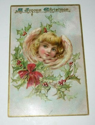 1908 Antique Raphael Tuck Christmas Postcard Embossed Angel,  Holly,  Ribbons