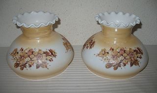 Lamp Shade Vintage Pair White Milk Glass Floral Brown Iridescent 5 3/4 " Fitter