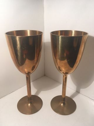 Set Of 2 Vintage 7 ¼” Tall Brass Wine Goblets 3