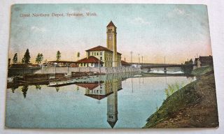 Vintage 1900s Great Northern Railroad Depot Spokane Washington Color Post Card