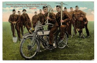 Vintage Postcard Canadian Cyclists & Motorcycle Fatigue Duty England 1910 
