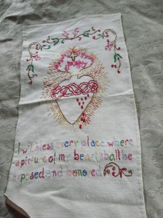 Vintage Embroidered Sampler Sacred Heart Religious Jesus 8x16 Linen