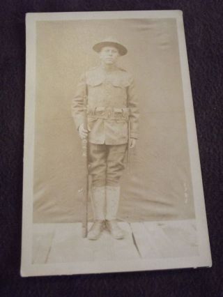 Vtg Ww1 Real Photo Postcard - Soldier Standing At Attention With Rifle & Bayonet