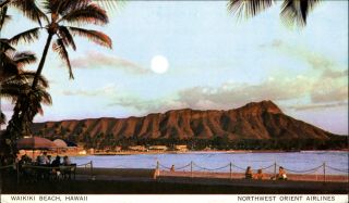Northwest Orient Airlines Advertising Waikiki Beach Hawaii Diamond Head