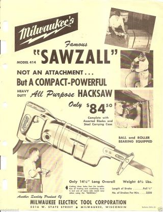 Tool Brochure - Milwaukee - 250 Hole Shooter Drill - 614 Sawzall c1950 ' s (TL07) 2