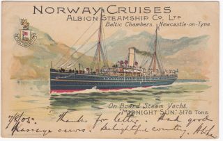 Postcard Norway Cruises Albion Steamship Co Midnight Sun Advertisement 1905