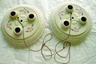 Pair Antique Ceramic Flush Mount Ceiling Fixtures Blue Pink Accents