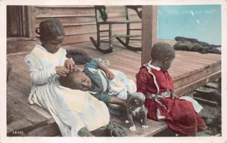 Rppc Children Dog Black Americana Bromide Rotograph Real Photo Postcard (c.  1915)
