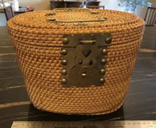 Vintage Chinese Wicker Cloth Lined Teapot And Tea Bowl Basket