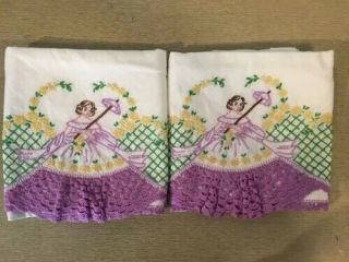 Vintage Embroidered,  Crocheted Southern Belle Pillowcases