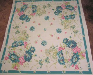 Vtg Floral Tablecloth Blue White Dahlias Green Cream Carnations Pink Flowers
