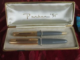 Parker 51 Grey Gold Filled Fountain Pen Mechanical Pencil Set & Case
