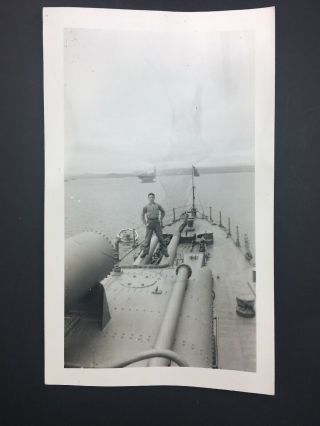 Old 1940’s Us Navy Ww2 War Ship Young Sailor Standing On Cannon Gay Int Photo 54