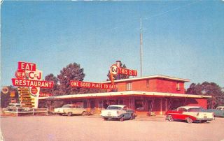 Claxton Ga C&j Drive - In Restaurant Neon Sign In 1957 Postcard