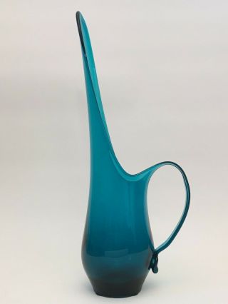 Vintage Glass Pitcher Vase Blue Teal Stretched Swung Mid Century Modern Eames
