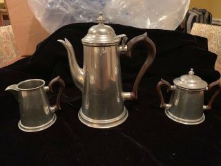 Pewter Williamsburg " Kirk Stieff " Coffee/tea Pot 3 Pc.  Set Brown Handles
