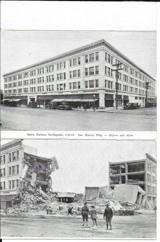 2 Pg Photo Postcard – Santa Barbara Ca,  San Marcos Building Before & After Quake