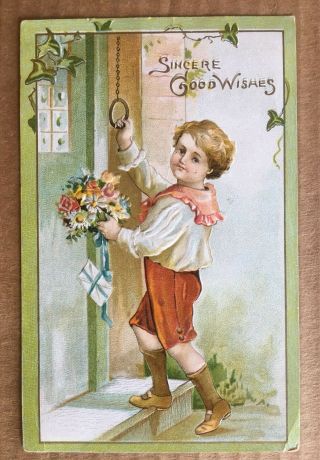 Vintage Postcard - Boy With Flowers & Letter - " Sincere Good Wishes " 1909