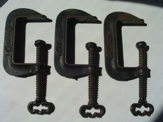 3 Vintage Antique C Clamps,  Cast Iron Fancy Skeleton Key Quilt Frame.