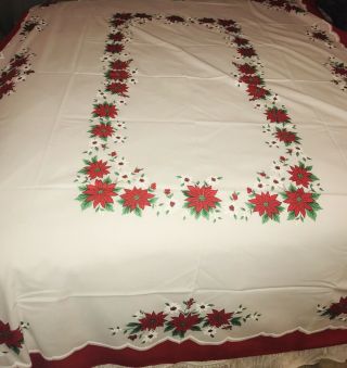 Vintage Christmas Poinsettia Mid Century Tablecloth 60”x80”