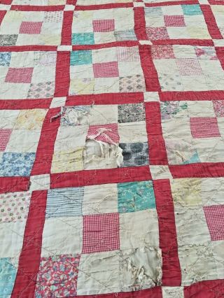 Vintage Handmade Red And White Nine Patch Quilt 51 " X 82 " Cutter Quilt