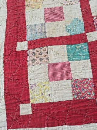VINTAGE HANDMADE RED AND WHITE NINE PATCH QUILT 51 