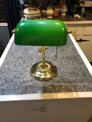 Bankers Lawyers Brass Desk Lamp W/emerald Green Hand Blown Glass Shade