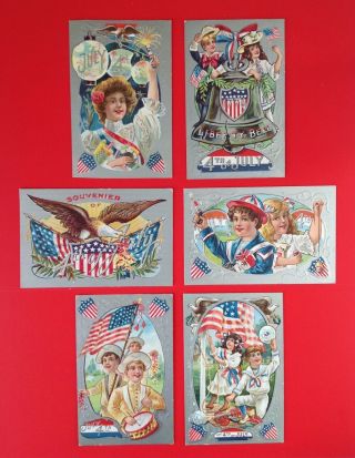 Nash Fourth Of July Postcards Series No.  3 - Set Of 6 - Silver Backgrounds,  Lovely