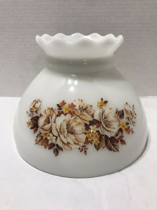 Vintage Oil Hurricane Lamp Shade 8” White Glass Brown Yellow Floral Flowers