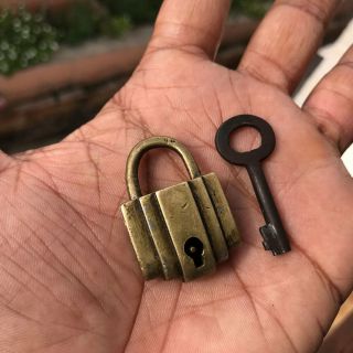Old Antique Solid Brass Small Sized Padlock Lock With Key Rare Shape