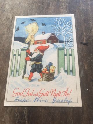 Vintage Swedish Mini Postcard Gnome Broom Basket Apples Christmas