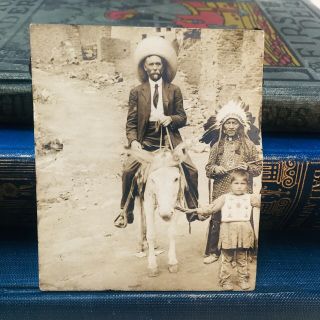 Antique Photo Man On Mule Sw Native American Village Chief Small Boy Rare 1880s
