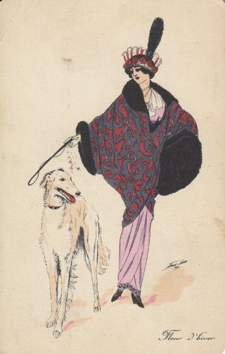 Artist Signed French Postcard W Elegant Woman & Elegant Saluki Dog C1910