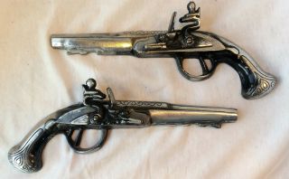 Vintage Pair Japan Dueling Pistols Aluminum Wall Hanging Flintlock Gun Detailed