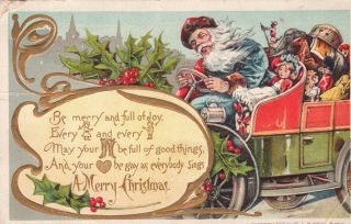 Blue Coat Santa Driving Early Truck Toys Embossed 1907 Christmas Postcard