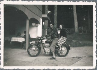 108 Stylish Man&pretty Girl Sitting On Motorcycle Vintage Photo 1950 