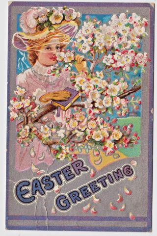 C1911 Colorful Old Easter Postcard Lovely Lady W Apple Flower Blossoms Fancy Hat