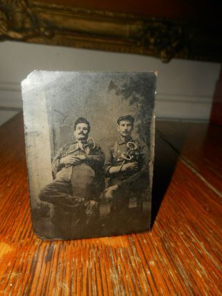 For " David Only " Antique Tintype Photo Of 2 Men Holding Weird Instruments,