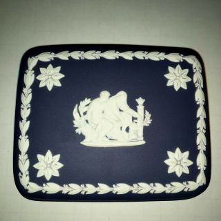 Vintage Wedgwood Dark Blue Jasperware Rectangle Trinket Box W/white Cameo