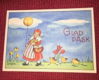 Vintage Swedish Mini Postcard Easter Girl Yellow Balloon Chips Tulips Eggs Klein