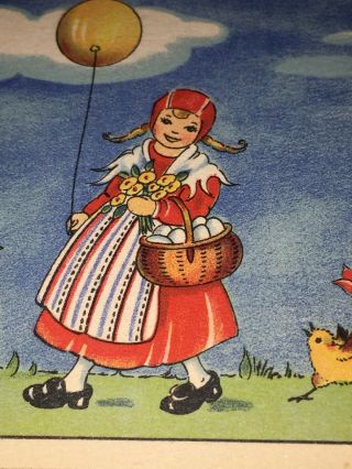 Vintage Swedish Mini Postcard Easter Girl Yellow Balloon Chips Tulips Eggs Klein 3