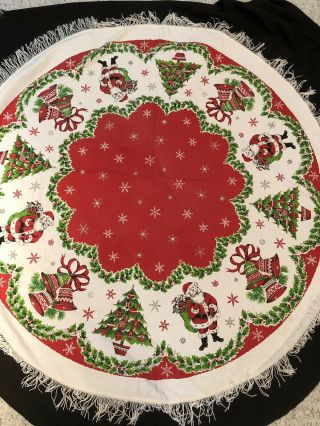 Vintage Christmas Tablecloth Round With Fringe Sants Bells