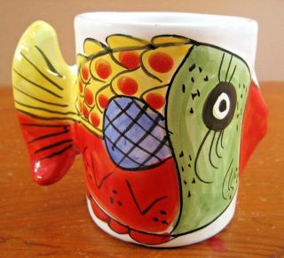 Vietri Italy Figural Colorful Kissing Fish Tail Handle Coffee Mug Rare Red Green