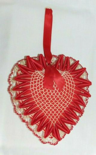 Vintage Red & Off White Crochet Lace Doily Heart Sham Pillow Case W Ribbon