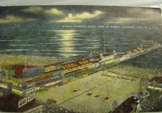 Postcard Atlantic City Jersey World Famous Steel Pier At Night Boardwalk