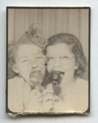 Vintage Photobooth Teen Girls Cat Eye Glasses Eating Candy Apples Sticky Photo